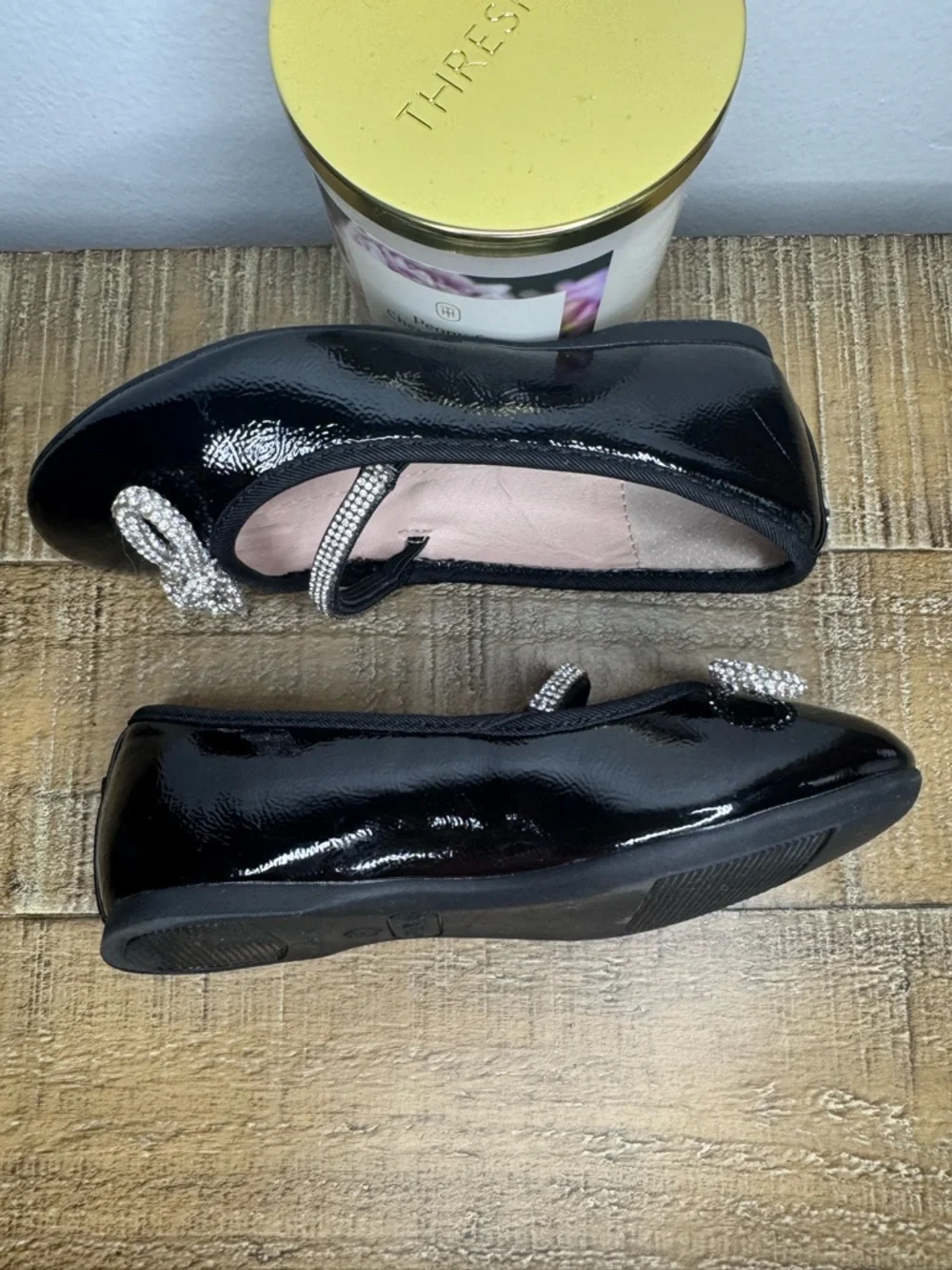 Nina Kendalla Ballet Flat in Black Crinkle Patent with Rhinestone Bow